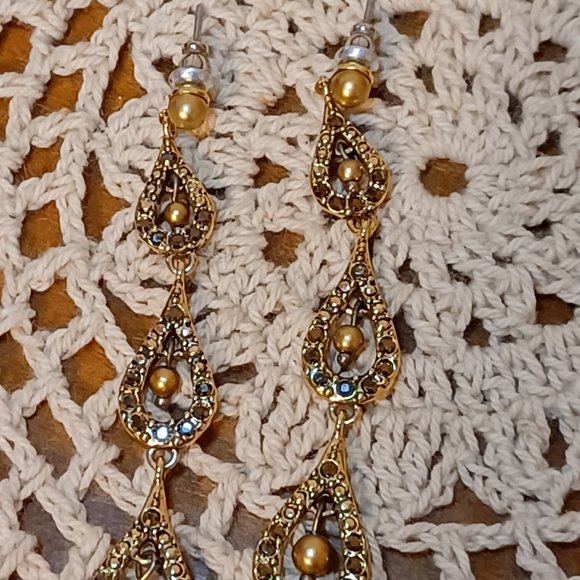 Monet Champagne Brown Colored Pearl Dangle Stud Earrings - Picture 8 of 15